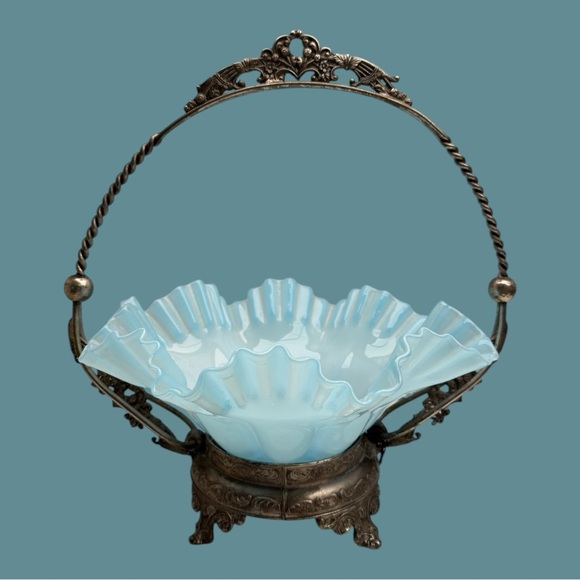 Fenton Other - Vintage Bride's Basket Blue Fenton Ruffled Edges Bowl with Metal Holder